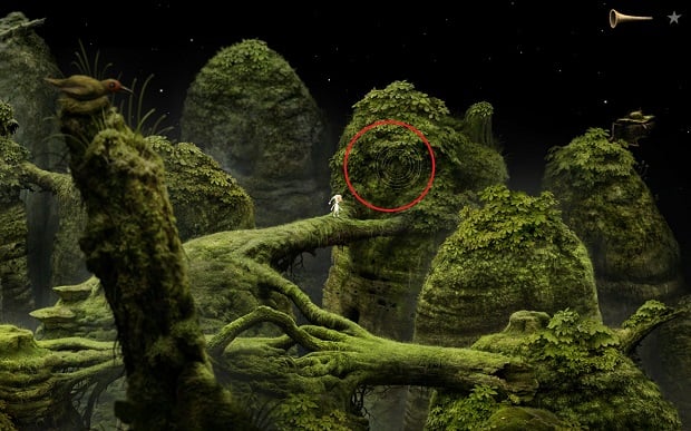 To start tasks in this section, approach the interactive area marked in the screenshot and use the trumpet - Singing spirits - Home Planet - Samorost 3 - Game Guide and Walkthrough