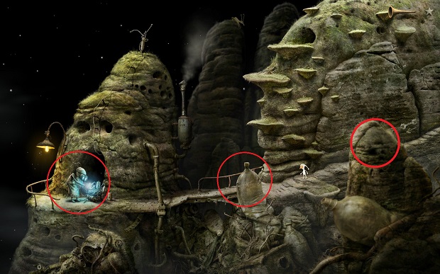 After you reach the last location on this planet, you will find a workshop, a heap of junk and hills with a Chamois on - Assemble a UFO - Home Planet - Samorost 3 - Game Guide and Walkthrough