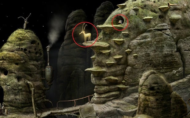 To collect another collectible, enter the cave atop the hill and wait for the Chamois to stand on the rocky ledge shown in the screenshot - Assemble a UFO - Home Planet - Samorost 3 - Game Guide and Walkthrough