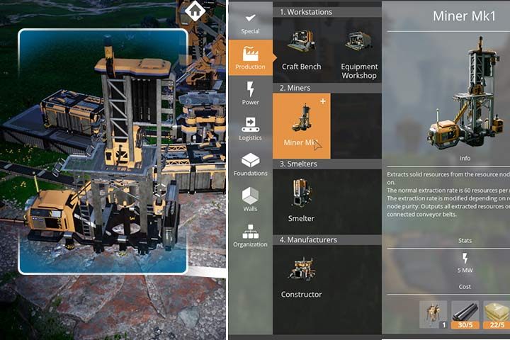 The best and most effective way of gathering resources is creating a special object - Miner MK1 - Resources gathering in Satisfactory - 10 Important Tips - Satisfactory Guide