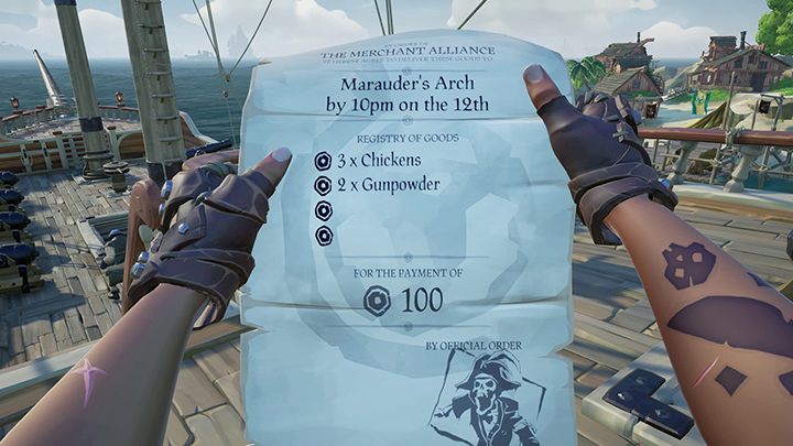 An exemplary Merchant Alliance contract, ordering you to deliver 3 chickens and 2 barrels of gunpowder to Marauders Arch by 10 pm on the 12th. - Sea of Thieves: Factions and mission types - For Landlubbers - Sea Of Thieves Guide