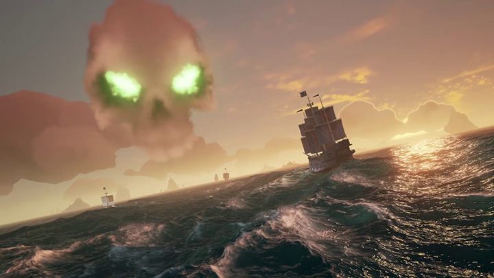 A huge skull-shaped cloud indicates the arrival of the boss - the captain who holds the key to the treasury. Watch out for both skeleton enemies, as well as other players swarming to the site. - Sea of Thieves: Public events - For Landlubbers - Sea Of Thieves Guide