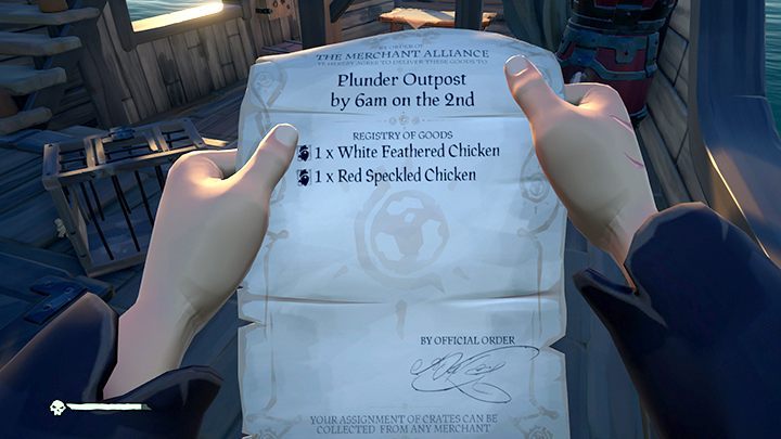 Once the coops are on board, the contract may be examined. We need one White Feathered Chicken and one Red Speckled one to be delivered to Plunder Outpost by 6 am. - Sea of Thieves: Chickens, pigs - how to catch? - For Landlubbers - Sea Of Thieves Guide