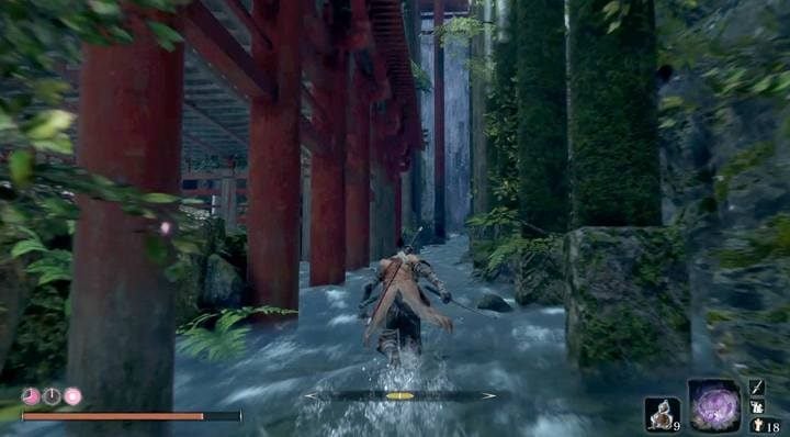 Now go back and turn right behind the rock, going up the stream; go to the rocks on the right and climb up - there you will find another creature - Shichimen Warrior #2 | Sekiro Shadows Die Twice Boss Fight - Bosses - Sekiro Guide and Walkthrough