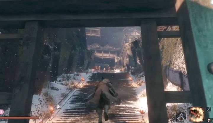 General Kuranosuke Matsumoto stays in front of the main entrance to Ashina Castle - at the top of the stairs, surrounded by soldiers with rifles - General Kuranosuke Matsumoto | Sekiro Shadows Die Twice Boss Fight - Bosses - Sekiro Guide and Walkthrough