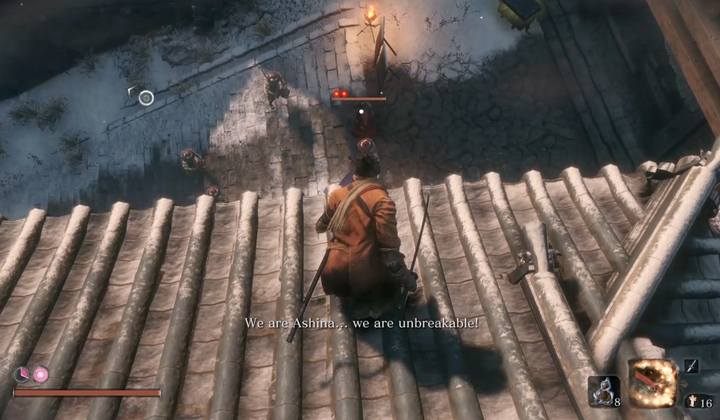 You can perform the first Deathblow by jumping down on the general from the rooftop of the building on the left - General Kuranosuke Matsumoto | Sekiro Shadows Die Twice Boss Fight - Bosses - Sekiro Guide and Walkthrough