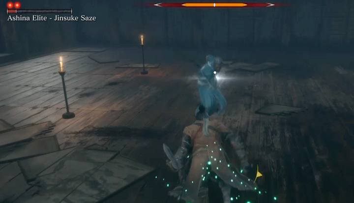 The glow on Jinsukes sword informs you that the enemy is about to strike. - Ashina Elite - Jinsuke Saze | Sekiro Shadows Die Twice Boss Fight - Bosses - Sekiro Guide and Walkthrough