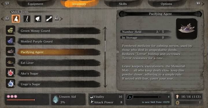 Pacifying Agent will protect you (partially) from Terror - How to protect yourself from Terror in Sekiro? - FAQ - Sekiro Guide and Walkthrough