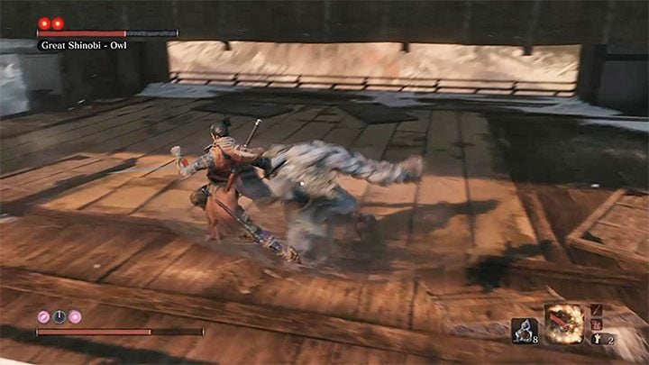 Great Shinobi - Owl has two red dots above its name, that is, it is necessary to perform two fatal blows - Great Shinobi Owl | Sekiro Shadows Die Twice Boss Fight - Bosses - Sekiro Guide and Walkthrough