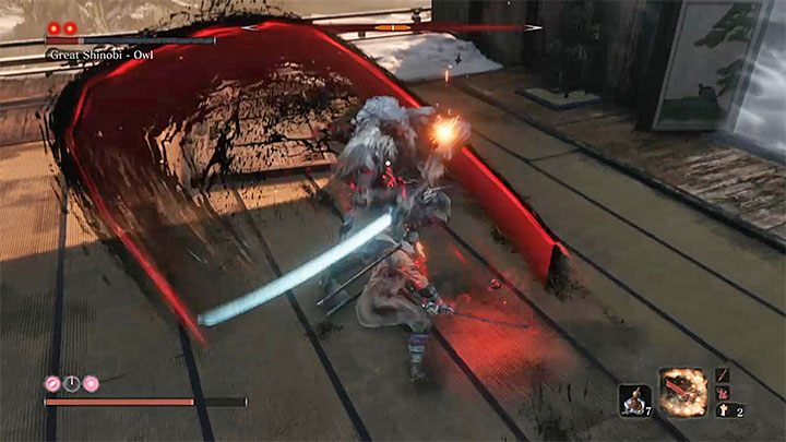 The boss sometimes performs attack by throwing several shuriken and soaring into the air just to slam down with great power (e - Great Shinobi Owl | Sekiro Shadows Die Twice Boss Fight - Bosses - Sekiro Guide and Walkthrough