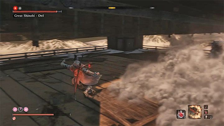 The only new move after advancing to the second stage of the duel is the spraying of dust by the boss - Great Shinobi Owl | Sekiro Shadows Die Twice Boss Fight - Bosses - Sekiro Guide and Walkthrough