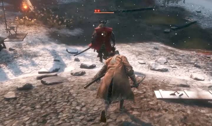 The bosss default position is in front of the bonfire placed in the middle of the arena - General Tenzen Yamauchi | Sekiro Shadows Die Twice Boss Fight - Bosses - Sekiro Guide and Walkthrough