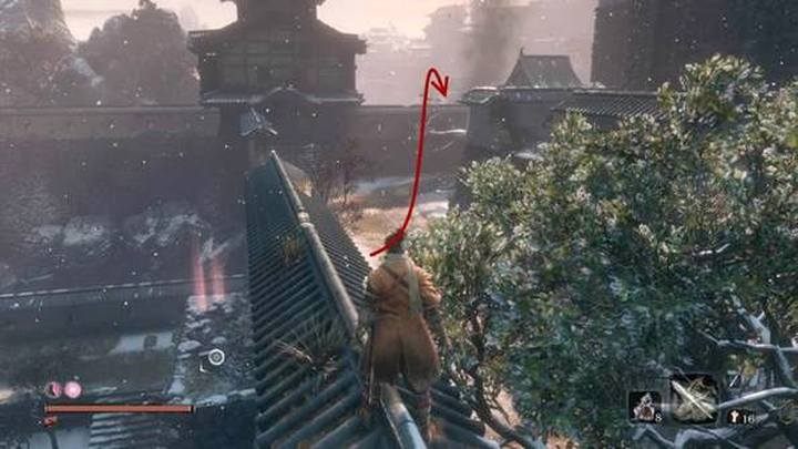 From the Fortress point at the castle gate, in Ashina Outskirts (this point is located next to the valley where you run away from The White snake) move through the walls of the fortifications, to the battle square behind the buildings - Gyoubu Oniwa | Sekiro Shadows Die Twice Boss Fight - Bosses - Sekiro Guide and Walkthrough