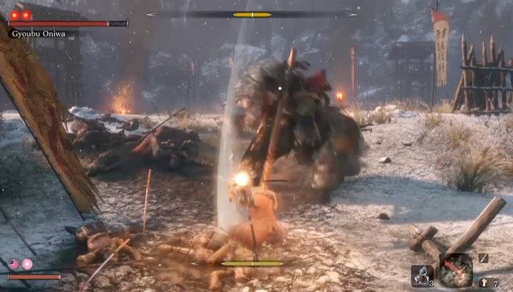 Conventional blows may be commonly parried with the sword. - Gyoubu Oniwa | Sekiro Shadows Die Twice Boss Fight - Bosses - Sekiro Guide and Walkthrough