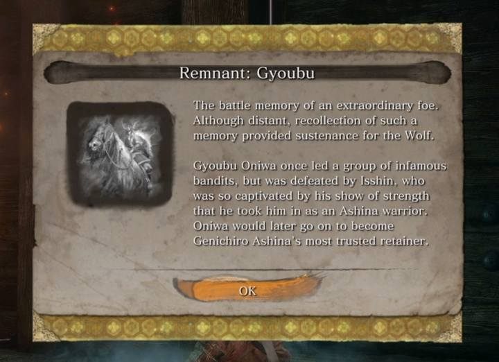 Use the knowledge gained in battle to improve the attack power parameter. - Gyoubu Oniwa | Sekiro Shadows Die Twice Boss Fight - Bosses - Sekiro Guide and Walkthrough