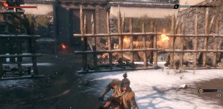 At the entrance to the arena go immediately towards the two enemies - there the bull will appear. He will kill the enemies. - The Blazing Bull | Sekiro Shadows Die Twice Boss Fight - Bosses - Sekiro Guide and Walkthrough