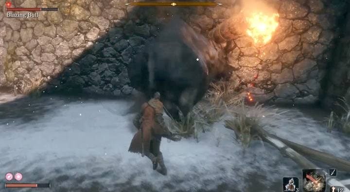 Try to drive the enemy into a corner, and turn with him, holding to his back. - The Blazing Bull | Sekiro Shadows Die Twice Boss Fight - Bosses - Sekiro Guide and Walkthrough