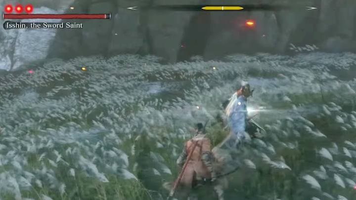 Every time you see a flash of the boss sword and hear a grunt, they indicate that hes charging a special attack: a straight cut in front of you or a blow around the opponents axis - Genichiro & Isshin, the Sword Saint | Sekiro Shadows Die Twice Boss Fight - Bosses - Sekiro Guide and Walkthrough