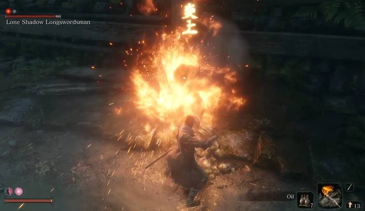 Critical arson of the enemy is signaled by a yellow marking above his head; oil helps to get this effect - Lone Shadow Longswordsman | Sekiro Shadows Die Twice Boss Fight - Bosses - Sekiro Guide and Walkthrough