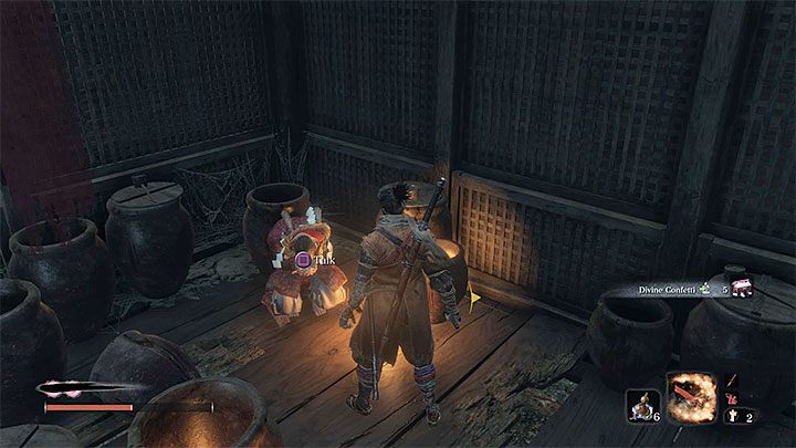 In the main room of the house you will find Divine confetti, Red Cane (death and transition to rage mode) and NPC, with whom you can talk - Ashina Depths | Sekiro Shadows Die Twice Walkthrough - Main story - Sekiro Guide and Walkthrough