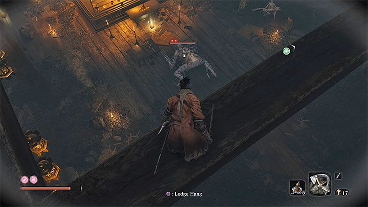 Upon reaching the building, you can deal with a few small monsters, and then start a duel with the boss through jumping down on him and taking away his first red marker (in the picture above) - Prayer Beads | Unique items in Sekiro Shadows Die Twice - Unique items - Sekiro Guide and Walkthrough