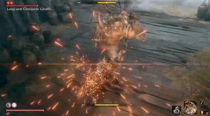 Sparks show that you have paired in good time; the bar of your posture is filled, but decreases faster than the boss. - Long-arm Centipede Giraffe | Sekiro Shadows Die Twice Boss Fight - Bosses - Sekiro Guide and Walkthrough
