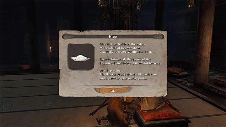 Ask the Divine Child of Rejuvenation for Rice during your first meeting - this item is an alternate way of restoring health points in Sekiro - Return | Sekiro Shadows Die Twice endings - Game Endings - Sekiro Guide and Walkthrough