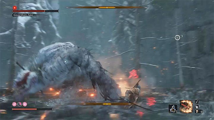 It is important to dodge the Guardian Apes attacks that are marked with a red icon - Guardian Ape in Sunken Valley | Sekiro Shadows Die Twice Boss Fight - Bosses - Sekiro Guide and Walkthrough