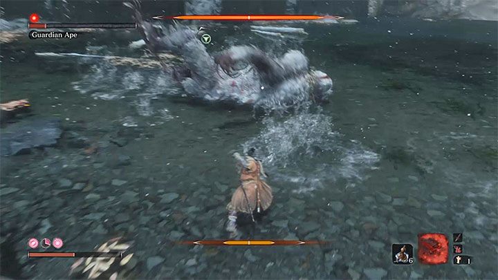 Another good tactic is to wait for the boss to roll on the back - Guardian Ape in Sunken Valley | Sekiro Shadows Die Twice Boss Fight - Bosses - Sekiro Guide and Walkthrough