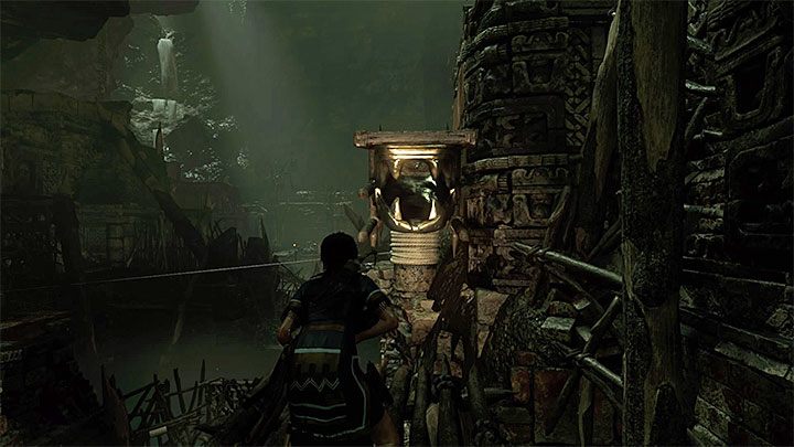 Use a crank to move the middle structure with serpents head up to the right (picture 1) - How to solve the gate opening puzzle of Eye of the Serpent in Cenotes? - Solving Riddles - Shadow of the Tomb Raider Game Guide