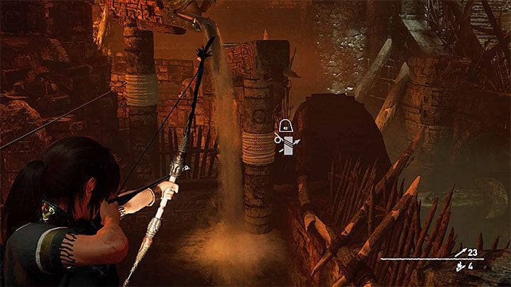 Return to the crank and aim at the rope knot at the bottom structure with serpents head (as shown in the picture above) - How to solve the gate opening puzzle of Eye of the Serpent in Cenotes? - Solving Riddles - Shadow of the Tomb Raider Game Guide