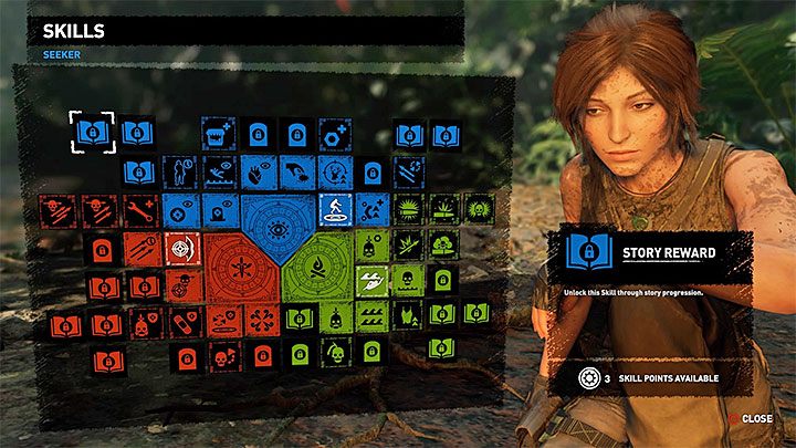 Laras skills are divided into three groups -blue, red and green - Specialized trophy in Shadow of the Tomb Raider - Trophy Guide - Shadow of the Tomb Raider Game Guide