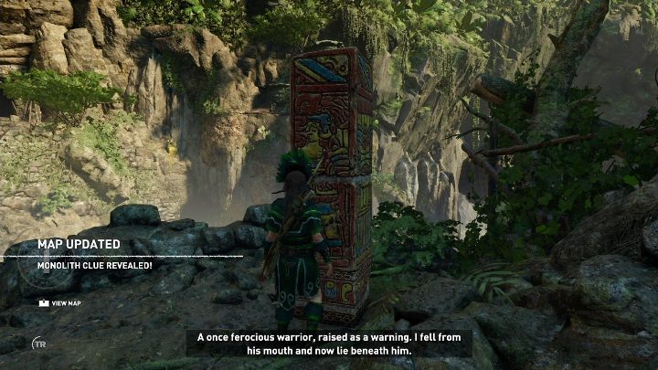 The monolith in The Hidden City will give you the following hint: A once ferocious warrior, raised as a warning - Yucatec monoliths in Shadow of the Tomb Raider Game - Monoliths - Shadow of the Tomb Raider Game Guide
