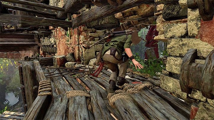 Jump on the new ledge, but dont climb on top just yet, as there is a working mechanism there - shown on picture 1 - Completing the Trial of the Eagle - Path to the Hidden City - Trial of the Eagle - Shadow of the Tomb Raider Game Guide