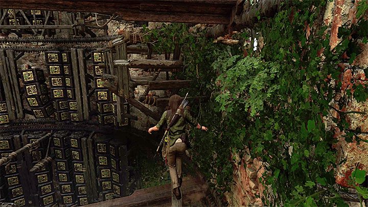 After reaching the largest ledge, take the beam and when in the spot shown above - make a leap - How to complete the Trial of the Eagle in Shadow of the Tomb Raider Game? - Solving Riddles - Shadow of the Tomb Raider Game Guide