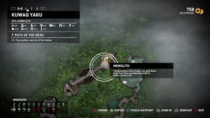 Lara will read out a hint: Two guardians have fangs, two guardians have feet - Mam monoliths in Shadow of the Tomb Raider Game - Monoliths - Shadow of the Tomb Raider Game Guide