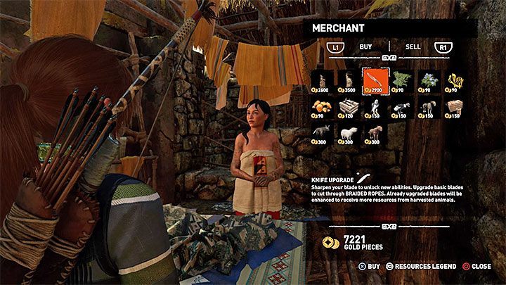 She can sell a Knife Upgrade, which costs 2900 gold pieces by default - Where to upgrade Laras gear in Shadow of the Tomb Raider? - FAQ - Shadow of the Tomb Raider Game Guide