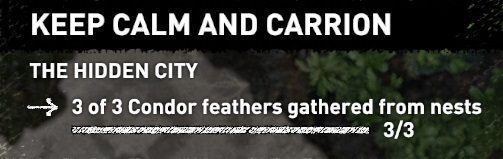 To complete this challenge - Keep Calm and Carrion, you need to get 3 condor feathers - Challenges in The Hidden City | Secrets in Shadow of the Tomb Raider - The Hidden City - Shadow of the Tomb Raider Game Guide