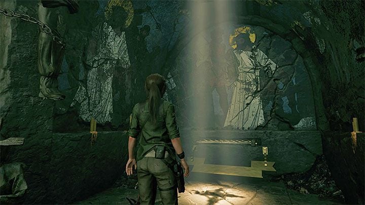 Approach the fresco and pull the lever - Exploring the secret crypt and finding the Silver Box - Via Crucis - Mission of San Juan - Shadow of the Tomb Raider Game Guide