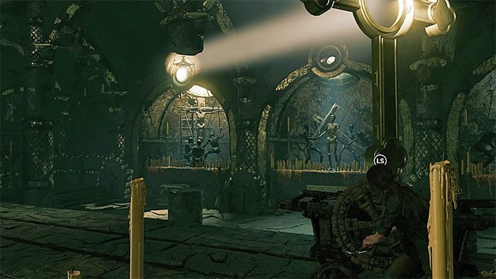 Reach the spinning wheel located on the right from the entrance to the room with the cross - Exploring the secret crypt and finding the Silver Box - Via Crucis - Mission of San Juan - Shadow of the Tomb Raider Game Guide