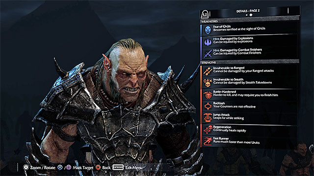 An example page with weak an strong points of a member of the Saurons Army - Weak and strong points of the members of the Saurons Army | Saurons Army (Nemesis System) - Saurons Army (Nemesis System) - Middle-earth: Shadow of Mordor Game Guide