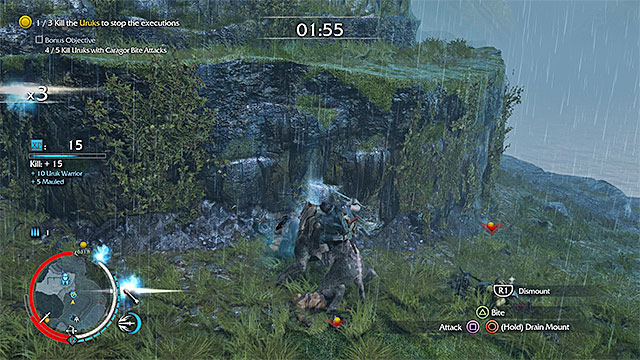 The caragor needs to bite to death, at least, five weakened orcs - The Dark Rider (sword) | Weapon Missions - Weapon Missions - Middle-earth: Shadow of Mordor Game Guide