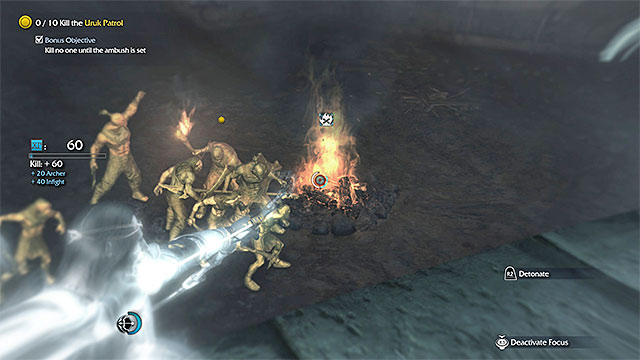 The patrolling orcs can be easily killed with an arrow to the campfire - The Darkness Within (dagger) | Weapon Missions - Weapon Missions - Middle-earth: Shadow of Mordor Game Guide