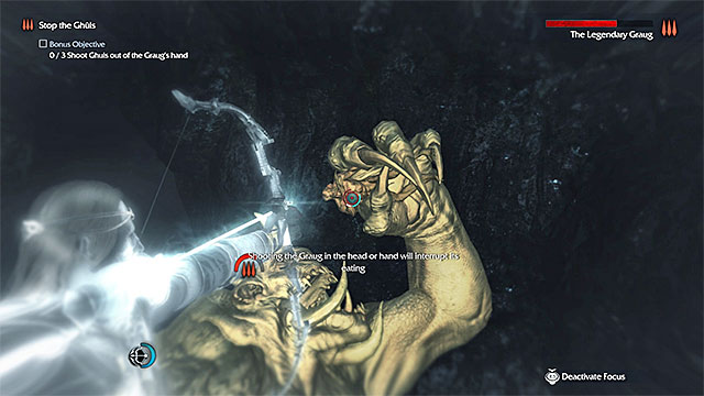 Now, there is an important part of the battle, ahead, because you need to prevent the graug from replenishing its health, which it does by feeding on the ghuls in the cave - 17: The Great White Graug | Main missions - Main missions - Middle-earth: Shadow of Mordor Game Guide