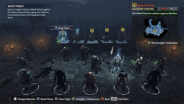 You can strengthen a Warchief thanks to, e.g. sending him a Death Threat - Extra mission: Brand the Warchiefs | Main missions - Main missions - Middle-earth: Shadow of Mordor Game Guide