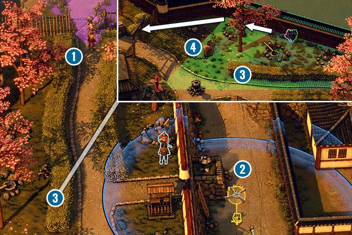 Disguised Aiko can take out the straw hat, when nobody is looking at him - Mission 13 - Sunpu Castle | Walkthrough - Campaign - Shadow Tactics: Blades of the Shogun Game Guide