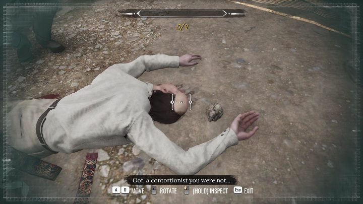 While examining the body, you need to take a closer look at 4 elements - Sherlock Holmes Chapter One: A Gilded Cage, the crime scene - walkthrough - A gold-plated cage - Sherlock Holmes Chapter One Guide