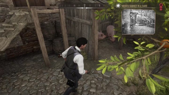 Exact location: The final collectible is between the buildings near the pigs - Sherlock Holmes Chapter One: Treasure Island, Stage 3 - walkthrough, solution - Cordon Tales - Sherlock Holmes Chapter One Guide