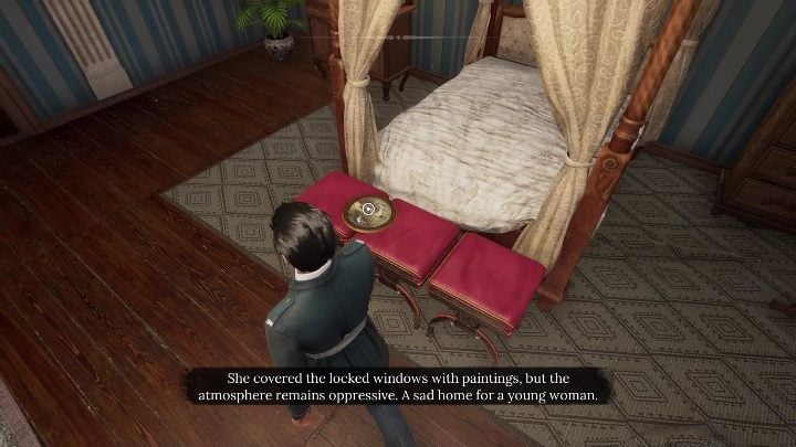 The next stop is the picture frame lying on stools before the bed - Sherlock Holmes Chapter One Other Cases - Blindsided - walkthrough, solution - Other matters - Sherlock Holmes Chapter One Guide