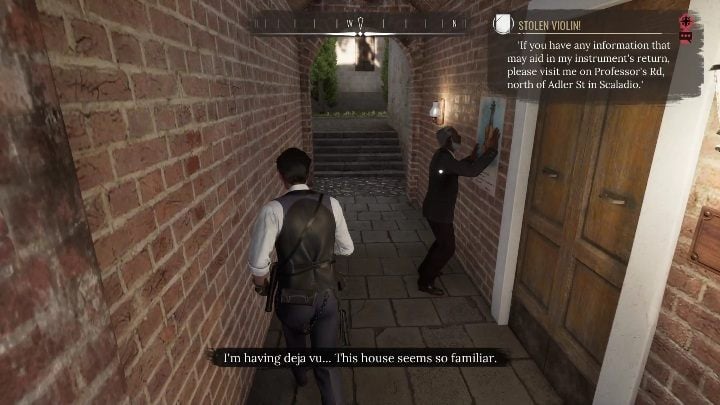 The teacher you need to talk to is standing in front of the apartment door - Sherlock Holmes Chapter One: String Theory - walkthrough, Other Cases - Other matters - Sherlock Holmes Chapter One Guide